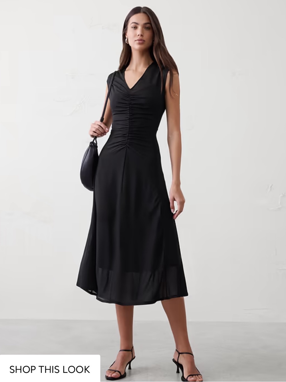 BANANA REPUBLIC MESH SHIRRED-WAIST LONG MIDI DRESS BLACK